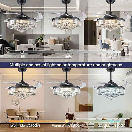 DuMaiWay 52" Dimmable Chandelier Ceiling Fan with Lights,Retractable Crystal Ceiling Fan Chandelier with Remote Control LED Light for Bedroom Living Room Polished Chrome Black 6 Speed 3 Light