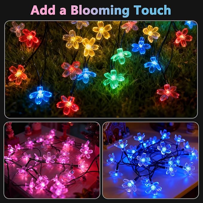 60 LED Solar String Lights Outdoor Waterproof Flower Fairy Lights for Garden Fence Patio Yard Christmas Tree Lawn Wedding Party Decor, Blue and Pure White