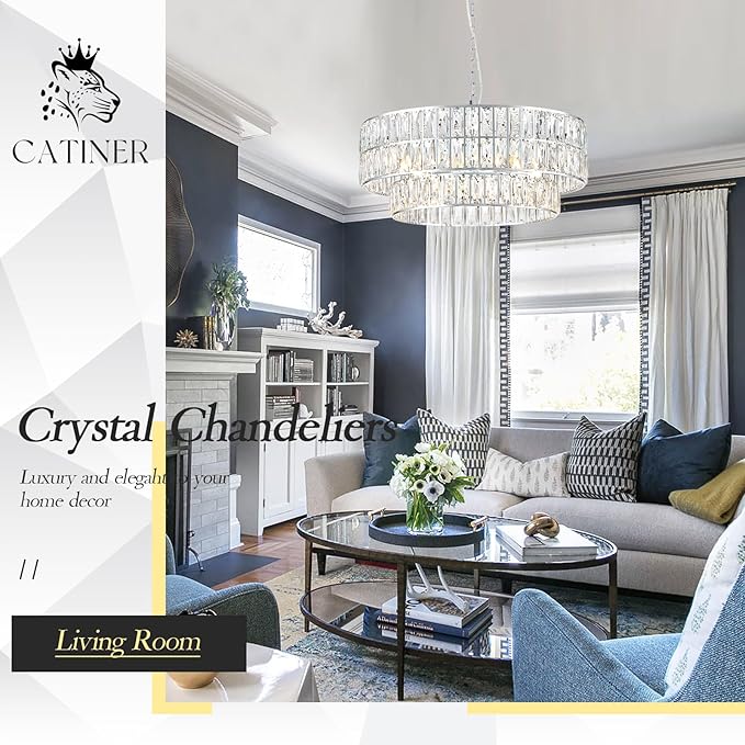 24'' Luxury Chrome Crystal Chandelier 8-Lights Modern Semi Flush Mount Ceiling Light Fixtures Round Crystal Pendant Chandeliers for Living Room Dining Room Kitchen Foyer Bedroom