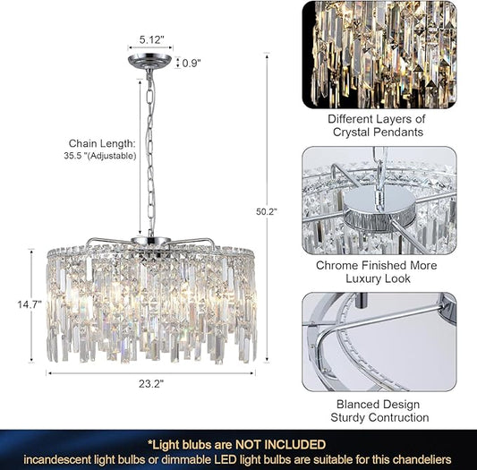 A AXILIXI Crystal Chandelier, 24" Modern Round Chandelier for Dining Room, K9 Large 8-Light Crystal Pendant Fixtures Raindrop Luxury Pendant Ceiling Light Chrome for Entryway Foyer Staircase
