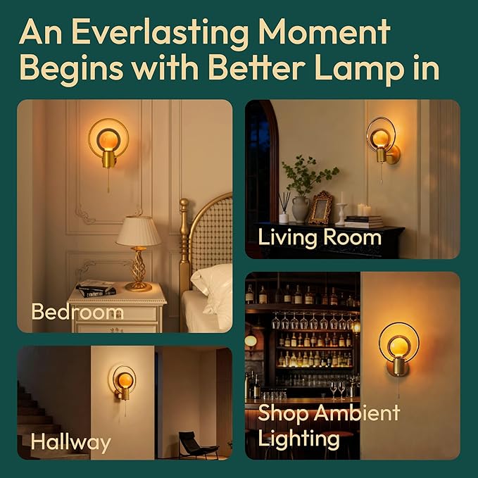 ALAMPEVER Modern Wall Sconce with Pull Chain, Metal Gold Wall Lights with G125 Glass Globe Bulb, Wall Mount Light for Enhancing Indoor Ambience in Bedroom, Living Room, and Hallway, 1 Pack
