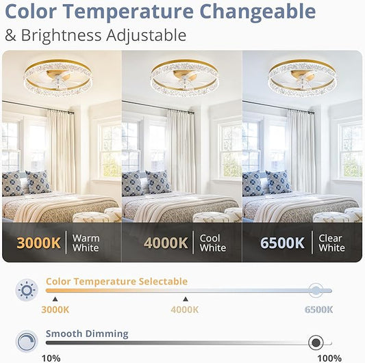 LEDIARY 22" Modern Ceiling Fans with Lights and Remote, Dimmable Low Profile Ceiling Fan, Flush Mount Fan, Stepless Color Temperature Change and 6 Speeds - Gold