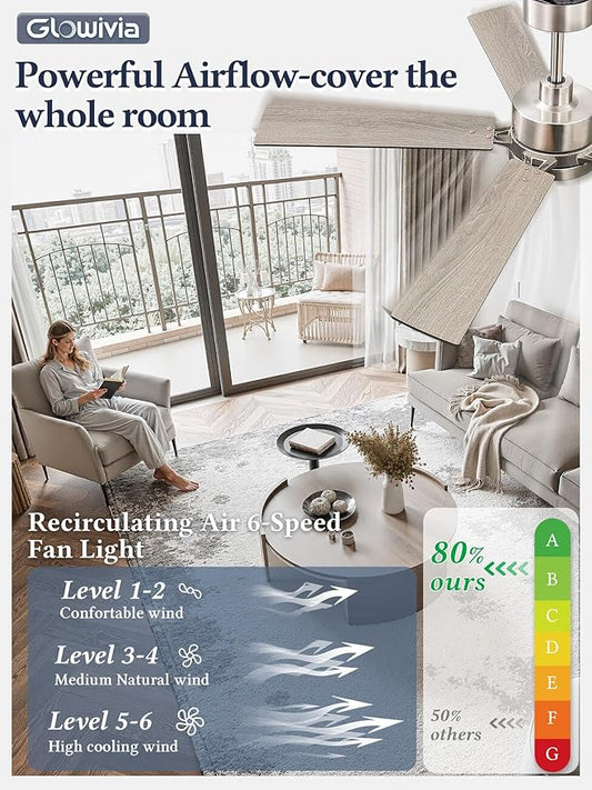 52 Inch Ceiling Fan with Lights and Remote, Smart APP Control, Dimmable with All-Setting Memory, Quiet DC Motor Reversible Blades, Damp Rated Modern Ceiling Fan for Bedroom Patio Living Room