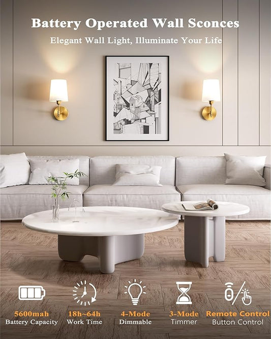 Ouyulong Battery Operated Wall Sconces Set of 2, Wireless Rechargeable Dimmable Wall Light with RGB Bulb and Remote for Bedroom, Living Room, Hallway (Gold)