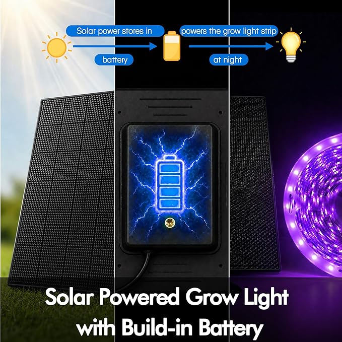 Solar Grow Light Strip with Battery Operated for Outdoor Plant, Full Spectrum Plant Growing Lights, IP65 Waterproof for Greenhouse, 16.4FT Indoor Solar Powered with Timer for All Stage Plants
