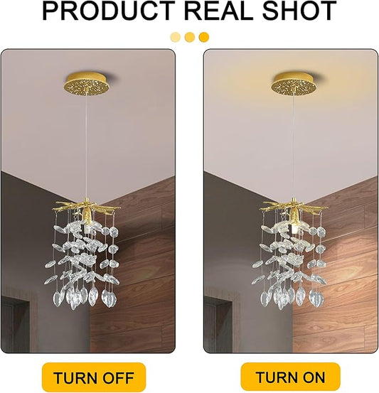 Modern K9 Crystal Tree Branches Chandelier, 8.6in Gold 1 Lights Large Ceiling Hanging Light for Dining Room, Round Tassel Ceiling Hanging