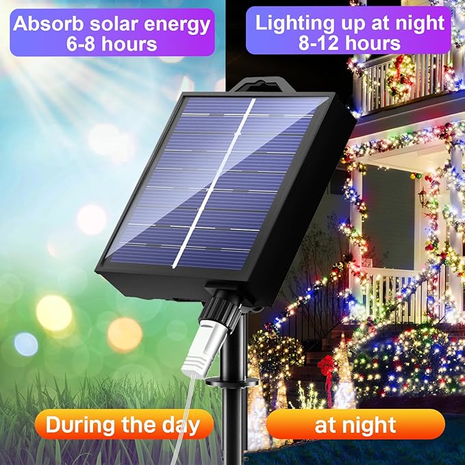 New Upgraded Christmas Solar String Lights Outdoor Waterproof 2 Pack Total 144ft 400 Led Solar Powered Christmas Decorations Fairy Lights 19 Mode USB Charge for Yard Garden Tree Xmas Decor, Multicolor