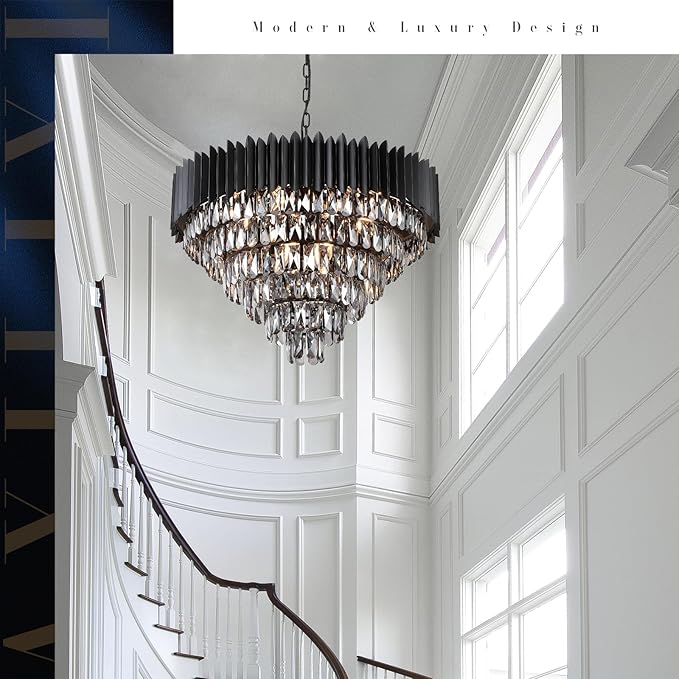 A AXILIXI Large Black Crystal Chandeliers Modern 30'' Round Chandeliers Lights Fixtures for Foyer Pendant Light 16 Lights 6-Tiers Smoke K9 for Staircase Dinning Room Living Room Bedroom