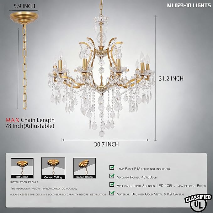 Polished Golden Bronze Chandelier, 10-Light Antique Gold Candle Pendant Ceiling Light Fixture with K9 Crystals for Dining and Living Room, Foyer, Kitchen Island, Hallway