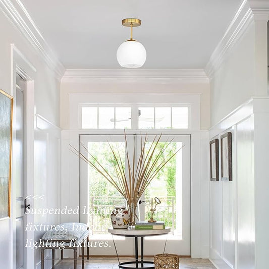 Bagood Gold Semi Flush Mount Ceiling Light Fixture Milk Glass Light Fixture Mid Century Flush Mount Ceiling Lights Brass Flush Mount Ceiling Schoolhouse Lights for Dining Room(Bulb Incl.)