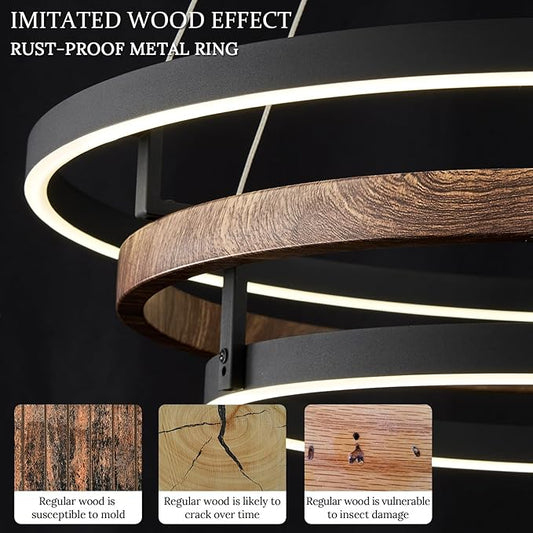 3 Ring LED Chandelier Walnut Wood Black Chandelier Light Fixture 31in Dimmable Modern Entry Chandeliers Wood-Printed Circular Light for Foyer Dining Room Bedroom Office Living Room
