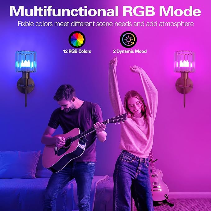 Wireless Wall Sconces Set of two,Battery Operated Wall Sconces with 5200 mAh Bulb and Remote,LED 15 Colors Rechargeable Gold Wall Sconce with Crystal for Bedroom Living Room Hallway Wall Decor