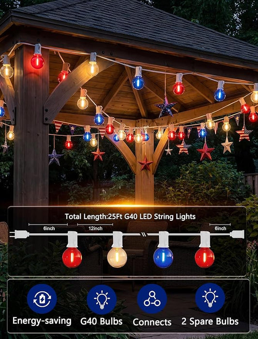 25Ft G40 LED Red White and Blue String Lights Outdoor,4th of July Decoration Lights with 27 LED Shatterproof Globe Bulbs, Hanging Patio Patriotic String Lights for Backyard Party Independence Day