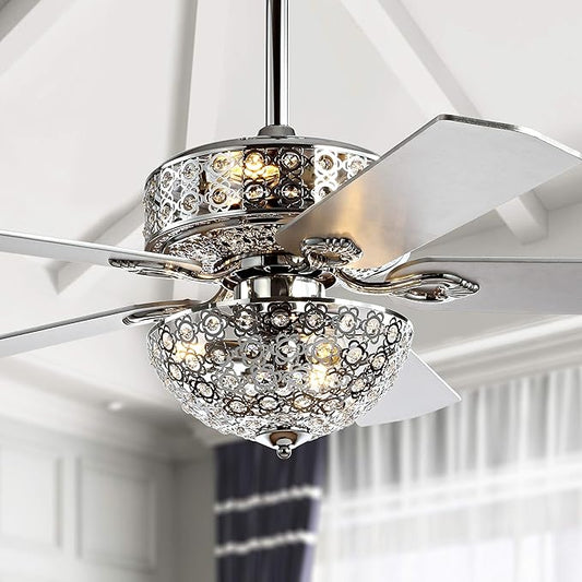JONATHAN Y 52" Chrome 6-Light Iron and Wood Ceiling Fan, Modern Glam Filigree Dome, 5 Reversible Silver/White Blades, Remote Control, ETL Listed, LED Bulbs Included JYL9602A