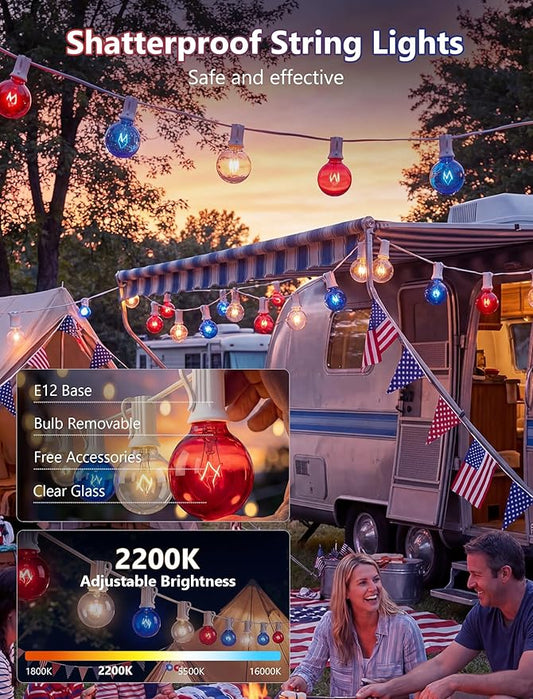 25FT G40 Red White and Blue Lights, 4th of July Outdoor String Lights with 27 Shatterproof G40 Bulbs(2 Spare), Independence Day for Patriotic Party Patio Garden Backyard Decor, 5W