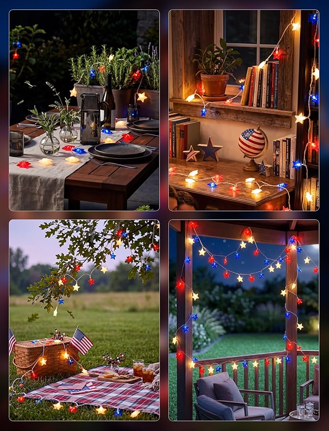 8.5Ft Red White and Blue Lights, 4th of July String Lights Plug in with 10 Five Star LED Bulbs, Fourth of July Decorations for Independence Day Patriotic Party, White Wire