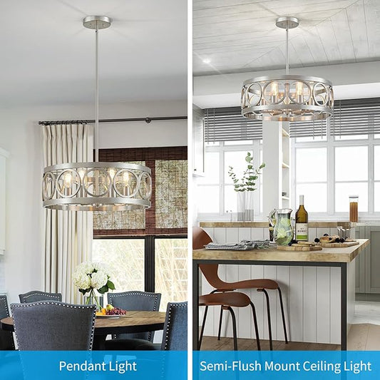 XINGQI 6-Light Modern Chandelier Brushed Nickel Farmhouse Dining Room Chandeliers, 21.7'' Drum Pendant Light Fixture Height Adjustable for Living Room Home Office