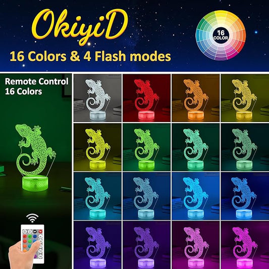 OkiyiD Leopard Gecko 3D Illusion Lamp - 16 Color Night Light with Remote, Gecko Reptile Tank Accessory Decor, Lizard Habitat Decor Gifts for Reptile Lovers Boys & Girls