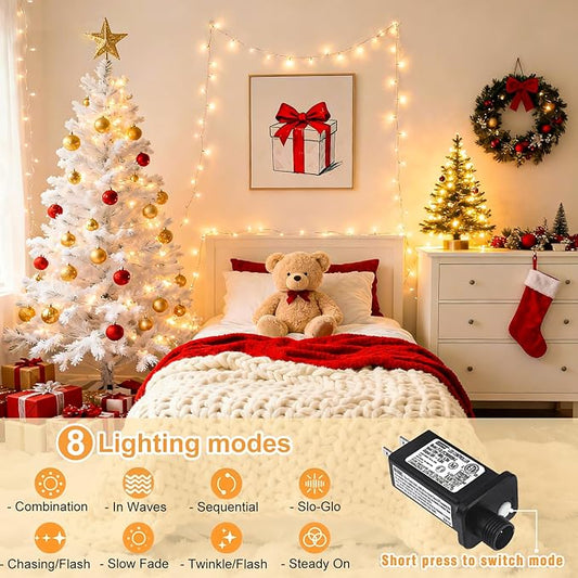 66FT 200 LED Outdoor String Lights, Plug in Christmas Lights Indoor Waterproof, 8 Modes Connectable Clear Wire Fairy Twinkle Lights for Bedroom Garden Yard Wedding Party Decorations, Warm White