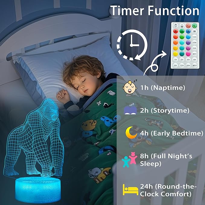 Gorilla Night Light, Gorilla Gifts, Ape 3D Illusion Night Light, 16 Colors Changing, Remote Control with Timer, Kids Room Decoration Monkey Gifts for Boy