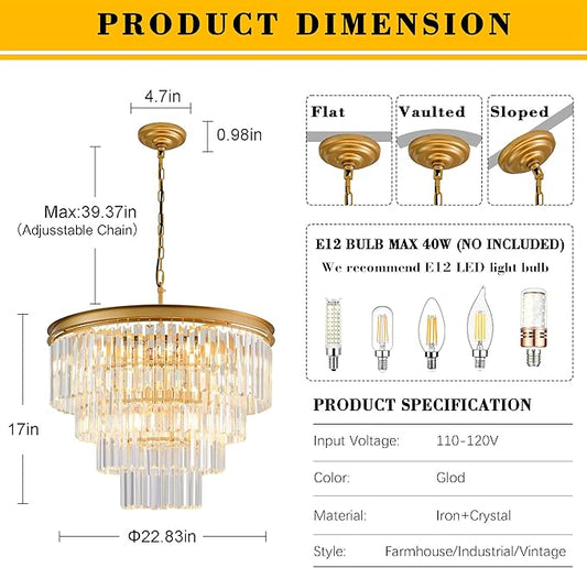 Gold Crystal Chandelier 22.9" 10-Lights Modern Crystal Pendant Lights 4-Tier Luxury K9 Hanging Dining Room Lighting Fixture for Living Room Bedroom Kitchen Island Entryway Stairway Office