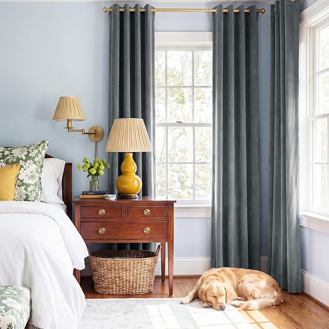 StangH Stone Blue Velvet Curtains 90 inches Long for Living Room, Back Tab Light Blocking Thermal Insulated Privacy Drapes for Nursery Bedroom Dining Room, W42 x L90, 2 Panels