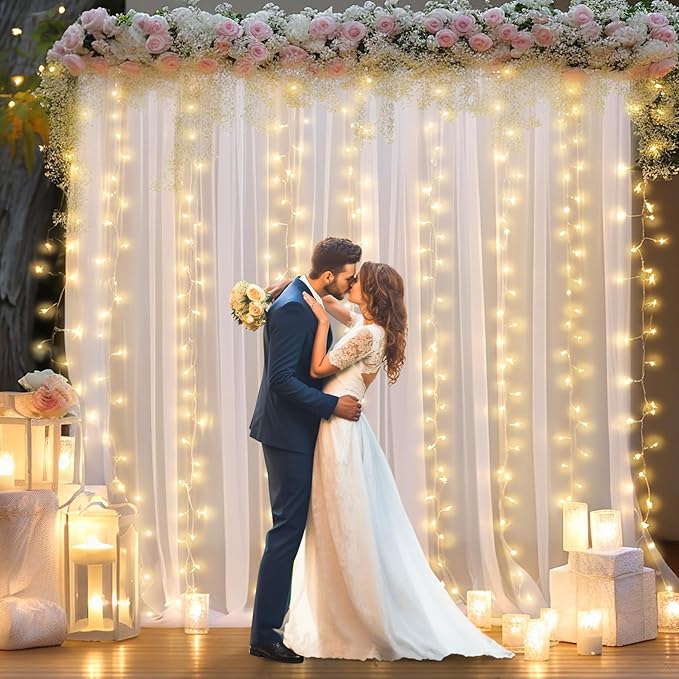 White Sheer Tulle Backdrop Curtains with Lights String for Party Wedding Wrinkle Free Curtain Backdrops Drapes for Baby Shower Birthday Party Photo Back Drop Background Home Decorations 10ft x 8ft