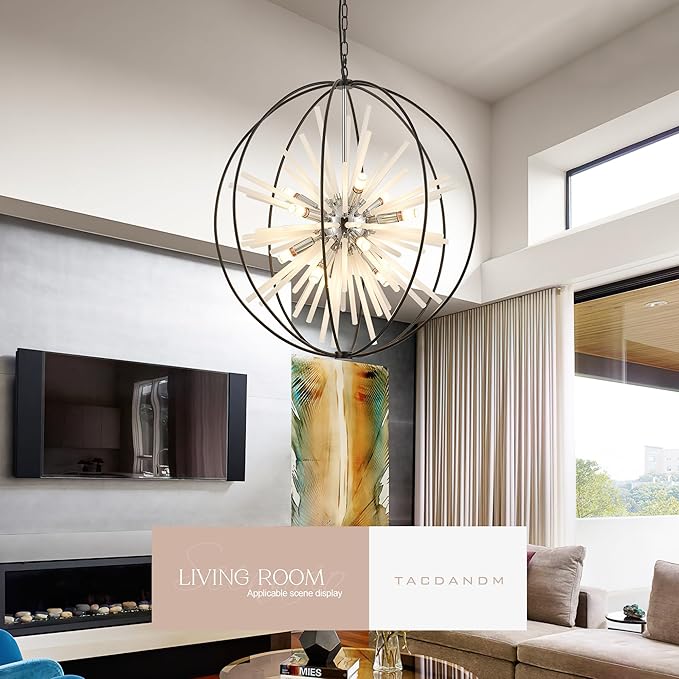 31.5" Black Chrome Large Globe Sputnik Chandelier, 12-Light Mid Century Modern Glass Tube Satellite Light Fixture for High Ceiling Living Room Dining Room Entryway Stairway, E12