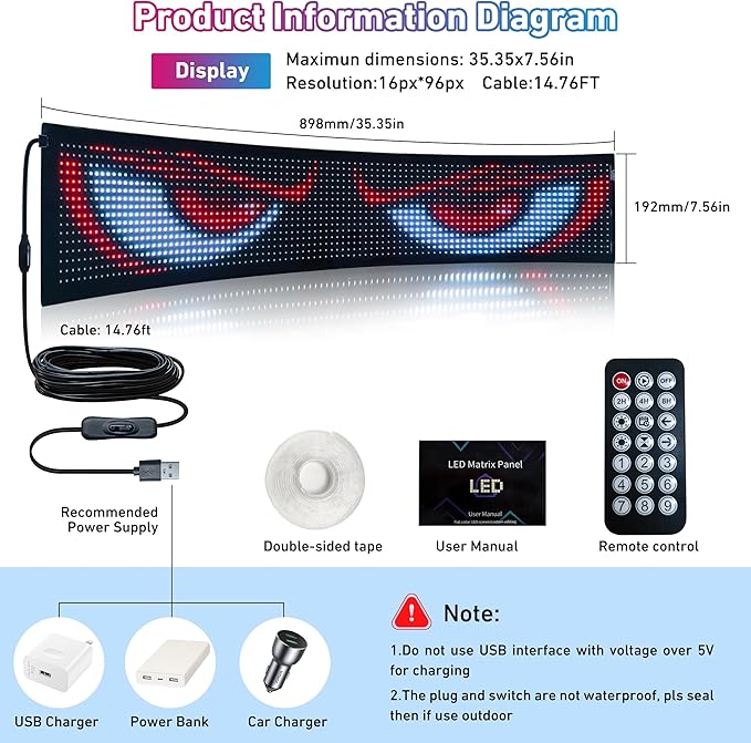 Big Devil Eyes Light for Cars Truck Pickups, 35.4"x7.6" Led Eyes for Truck Windshield with APP Control and Remote Controller,Large Screen Programmable Scrolling Flex LED Sign for Car