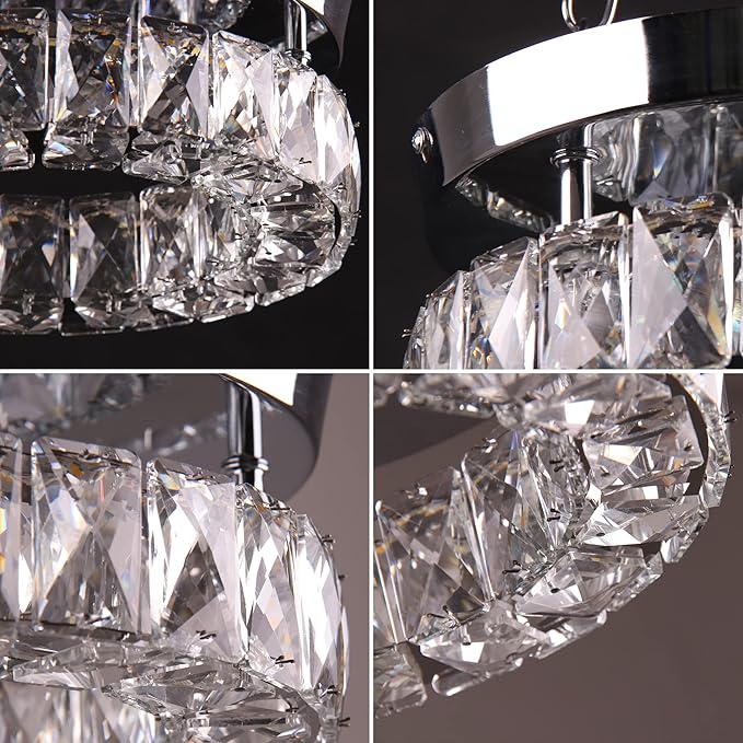 Dimmable Modern Crystal Chandeliers Round LED Ceiling Light with Remote Flush Mount Small Chandelier for Hallway Foyer Kitchen,Stair,Closet,3 Colors Adjustable,Memory Function