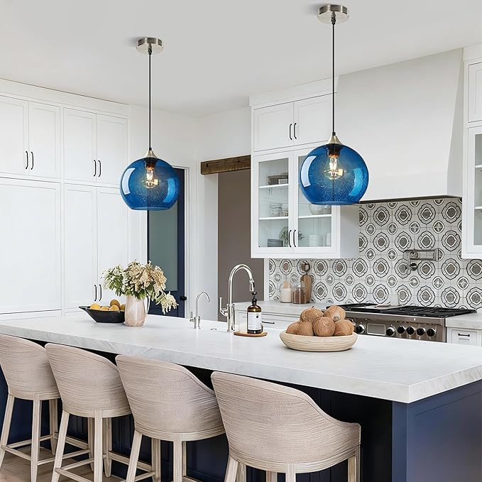 Large Blue Glass Pendant Light for Kitchen Island, Includes 1 Bulb & 4.92FT Adjustable Cord, Modern Pendant Lighting Fixtures for Kitchen, Dining Room, Living Room (9.1in)