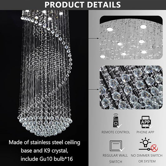 D40'' x H120'' Crystal Chandelier High Ceiling Chandeliers for Staircaes Large Raindrop Chandeliers LED Dimmable Flush Mount Light Fixtures for Foyer Hallway Entryway LED Bulbs Included Silver