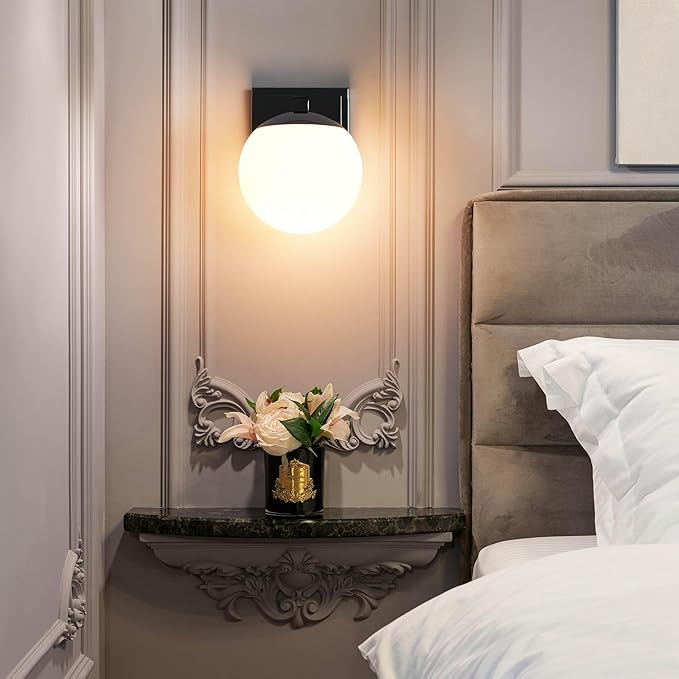Chrome Wall Sconce Light, Modern Sconces Wall Lighting, 1 Light Globe Bathroom Vanity Lighting with Opal Glass Shade, Wall Light for Bedroom Bathroom Living Room Entryway Hallway