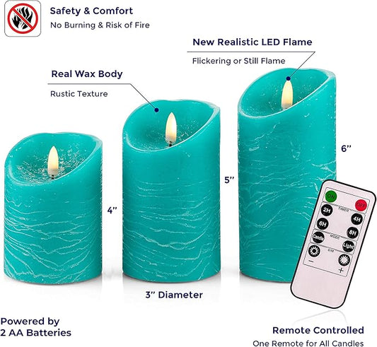 VENTA Turquoise Real Wax Flameless Candles, Set of 3 | Realistic Teal LED Pillar Candles with Remote & Timer | Perfect for Coastal, Beach House & Nautical Decor