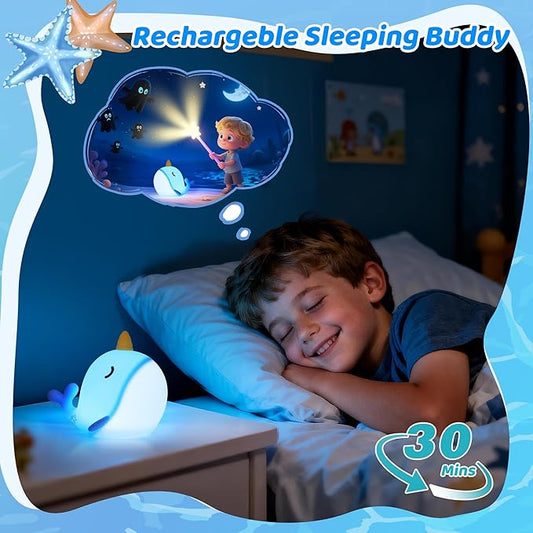 OkiyiD Blue Narwhal Night Light, Cute Squishy Silicone Lamp, Dimmable Touch Control Narwhal Gifts for Boys Girls, Ocean Animal Nursery Lamp for Birthday Christmas Decor