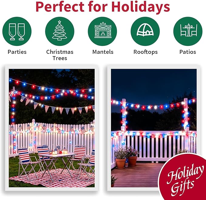 LAMPHOME Red White and Blue Patriotic Mini String Lights, 31.9FT 150 Incandescent Lights, Connectable 120V Waterproof Green Wire, 4th of July Independence Day Decor for Indoor Outdoor Christmas Party
