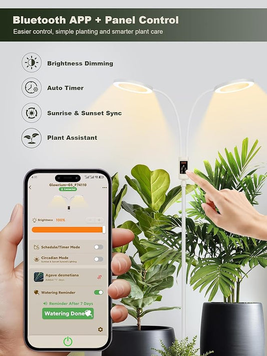 GLOWRIUM Smart Grow Lights for Indoor Plants, 48W Full Spectrum Plant Lights with Bluetooth App, Adjustable Height 47-70.9", Auto Timer, Indoor Plant Lamp for Large Tall Plants(White 48W)