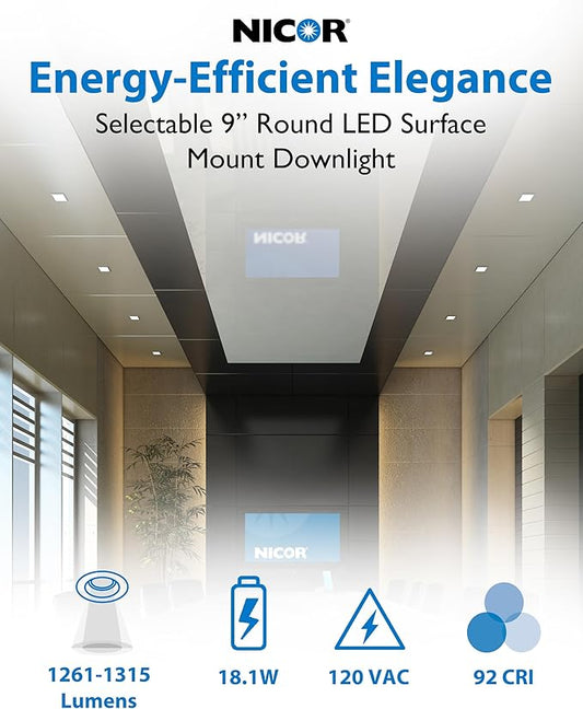 9” Round LED Surface Mount Ceiling Light - Dimmable Ceiling Light for Kitchen - Selectable CCT 2700K-5000K, 1261-1315 Lumens, 18.1W - DSE Edge-Lit Downlights for Ceiling, White by NICOR Lighting