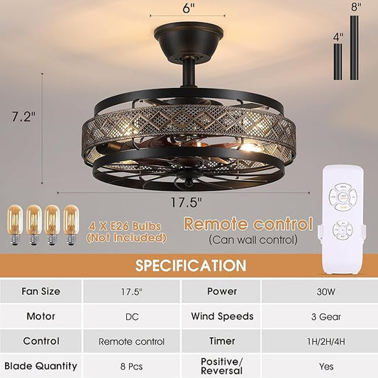SHIHOT 18" Black Caged Ceiling Fan with Lights, Bladeless Industrial Ceiling Fan with Remote, 6 Speeds, Farmhouse Ceiling Fan Light Fixture for Kitchen, Bedroom(Bulbs Not Included)