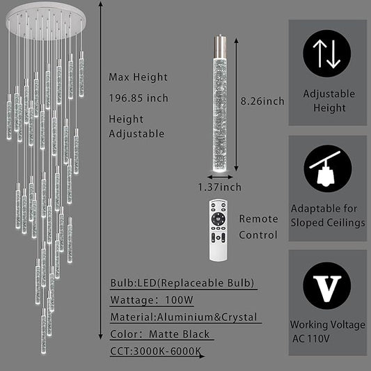 30-Lights Bubble Chandelier for Entryway High Ceiling-196 Height Adjustable Crystal Chandelier,3 Color Temperature Dimmable LED Pendant Light Fixture for Foyer Living Room Staircase,Chrome