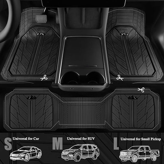 CAR PASS Floor Mats for Cars M-L Size, Heavy Duty Rubber Floor Mats with Trunk Cargo Liner, Universal Trim-to Fit Automotive Floor mats for Truck Van SUV Waterproof All Weather Car Mats Solid Black