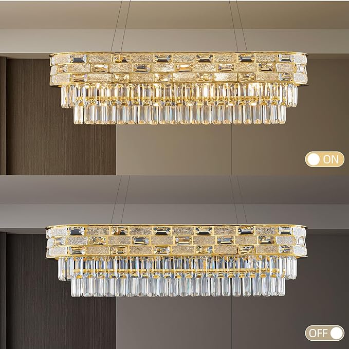 Large Oval K9 Crystal Chandelier - Luxury Modern 3 Tier Linear Crystals Chandeliers - 15 Lights Brushed Gold Pendant Light Fixture for Dining Room Kitchen Island Entryway Bar Living Room - L34.3 Inch