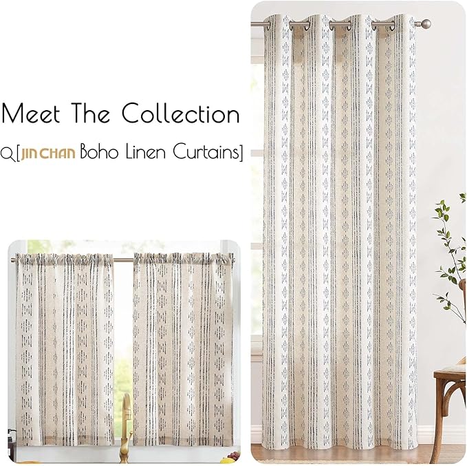 jinchan Boho Kitchen Curtains Linen Tier Curtains 45 Inches Bohemian Cafe Small Drapes Striped Mudcloth Farmhouse for Bathroom RV Camper Light Filtering Rod Pocket 2 Panels Black on Beige