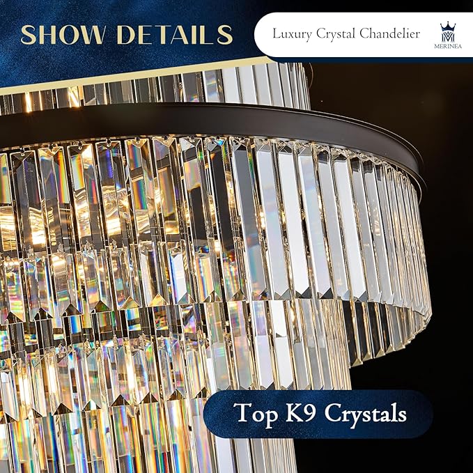 Large Black Crystal Chandeliers 20 Lights 31" Luxury 4-Tier K9 Crystal Lighting Modern Round Ceiling Pendant Light Fixture for Foyer Staircase Living Room Dining Room