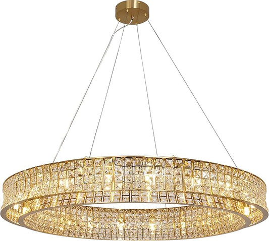 Modern Crystal Chandelier Round 20-Light Contemporary Hanging Ceiling Light Fixture Copper/Brass Finish with Rectangular Crystals Dining Room Living Room Bedroom Entryway Lighting Easy Install 39''