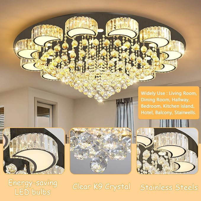 47" Black Modern Crystal Chandeliers for Dining Room LED Dimmable Light Fixtures Flush Mount Light Living Room Bedrooms