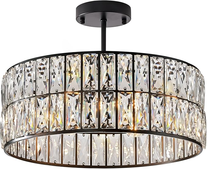 CATINER Black Crystal Chandelier 6-Lights Crystal Pendant Light Large 18 Inches Drum Semi Flush Mount Ceiling Lights for Dining Room Living Room Kitchen Closet