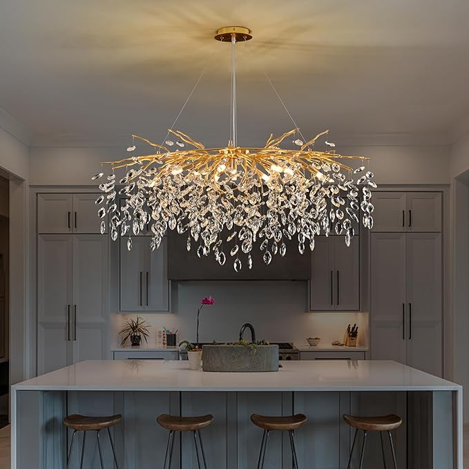 Modern Crystal Tree Branch Chandelier Gold L40'', Large Art Deco Linear Rectangle Raindrop Indoor Hanging Lighting Fixture for Dining Room Kitchen Island Living Room 12 Lights