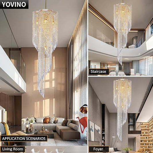 High Ceiling Chandeliers for Entryway Gold Spiral Crystal Chandelier Large Foyer Chandelier 6 Lights Modern Raindrop Chandelier for Villa Staircase, K9 Pendant Light Fixtures D17.7'' x H49.2''