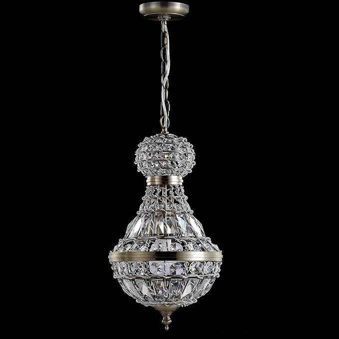 JONATHAN Y 12" Antique Brass/Clear Regina Empire LED Pendant Light, Glam Adjustable Hanging Chandelier for Dining Room Kitchen Foyer, Clear Crystal Shade, LED Bulb Included (JYL6109A)